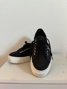 Superga Black Canvas Platform Sneakers with White Sole